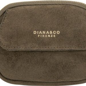 Porte-monnaie Diana&Co avec surface suédée douce, design arrondi, espace intérieur zippé et petite poche frontale à bouton, posé sur fond clair.