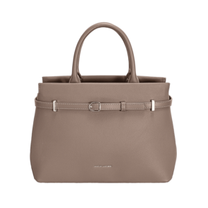 Sac à main structuré avec deux anses, décoré d’une fine ceinture ornée de boucles métalliques sur la partie supérieure.