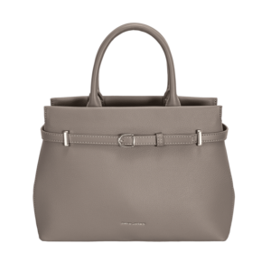 Sac à main structuré avec deux anses, décoré d’une fine ceinture ornée de boucles métalliques sur la partie supérieure.