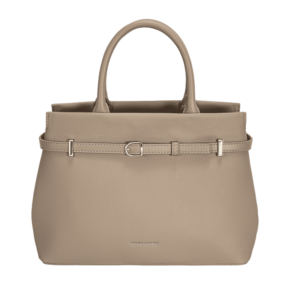 Sac à main structuré avec deux anses, décoré d’une fine ceinture ornée de boucles métalliques sur la partie supérieure.